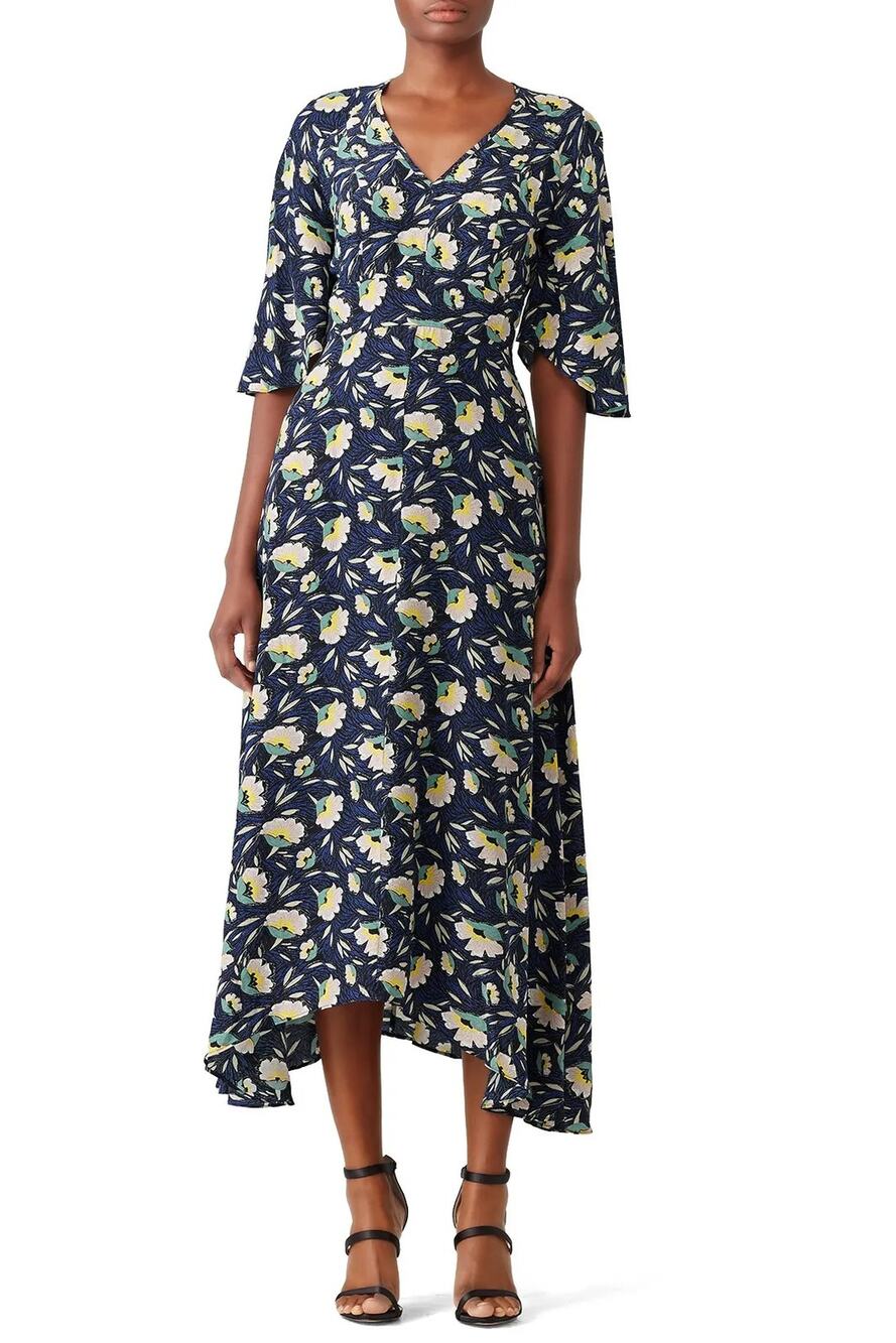 SLATE & WILLOW Blue Floral Printed 100% Silk V-Neckline Maxi Dress Size 8